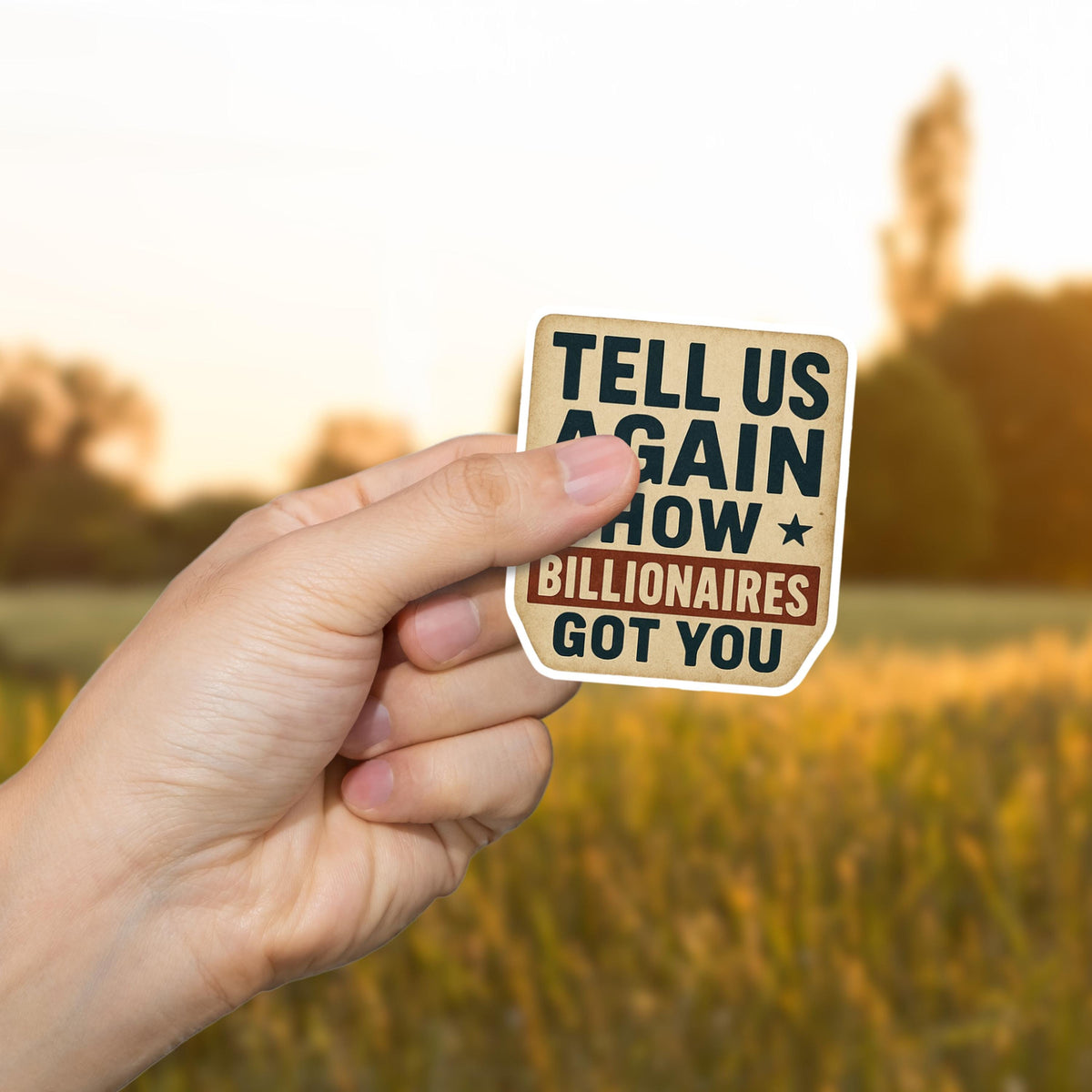 Rural Anti-Billionaire Humor Sticker with Country Road Sign Design