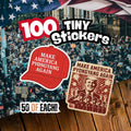 The image is a collage of various political stickers, including one with a red baseball cap and another with a political poster. The stickers are displayed against a backdrop of an American flag and a crowd of people.