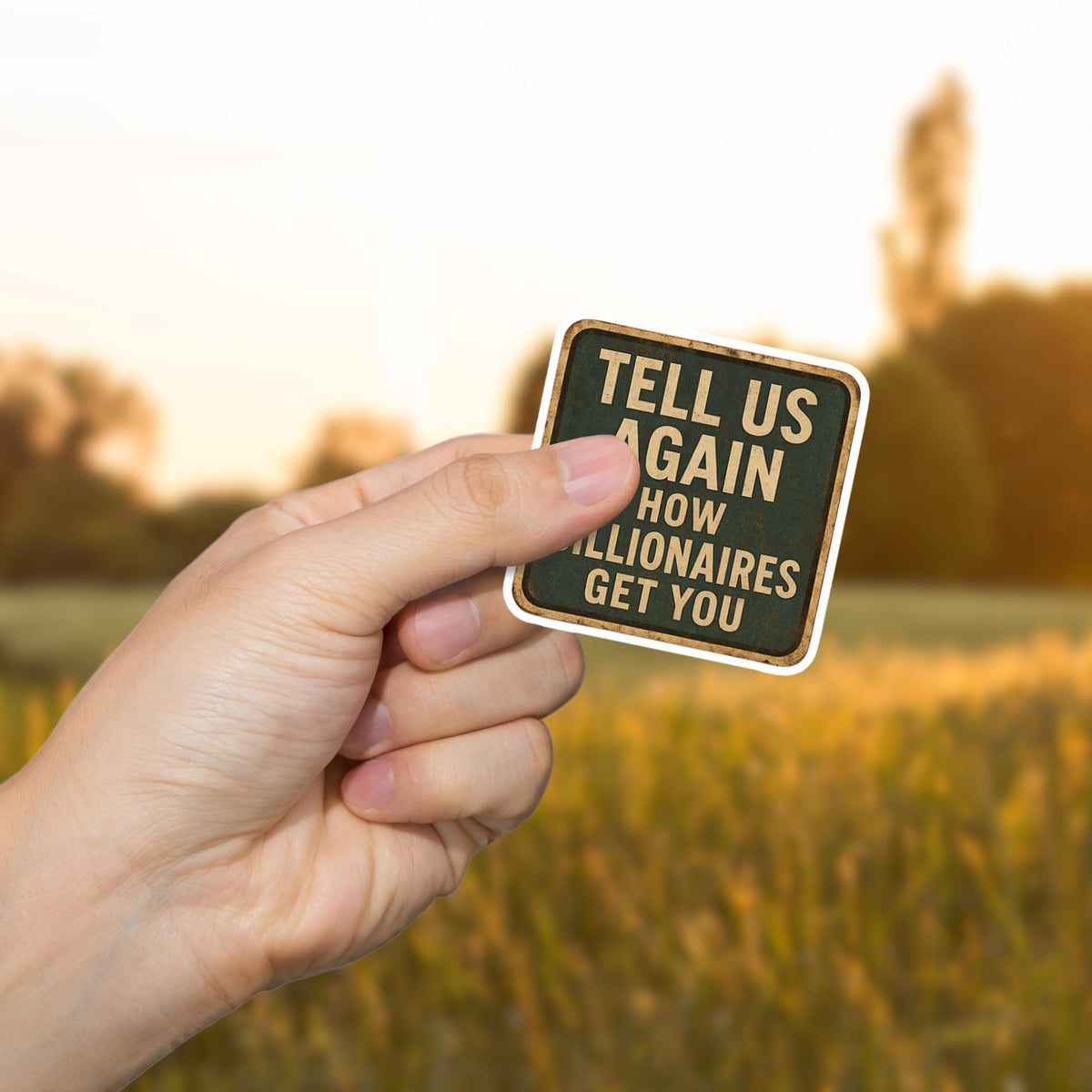 "Tell Us Again- How Billionaires Got You" Anti-MAGA Rustic Protest Sticker – Satirical Road Sign Design for Small Town Humor