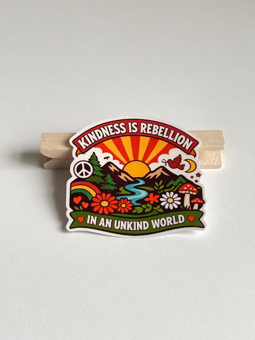 "Kindness is Rebellion in an Unkind World" Sticker: Retro Nature, Positive Activist Decal