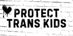the text "PROTECT" and "TRANS KIDS" in a bold, black font against a white brick wall background.