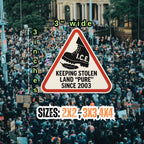 Anti ice stickers size chart showing the triangular I.C.E. boot design with a 3-inch dimension marker and available 2x2, 3x3, and 4x4 sizes over a protest crowd background.