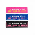 A person is holding a BUMPER sticker with the text "The Kingdom of God Won't Have Ice Agents" on it.