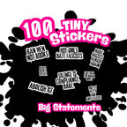 a collection of bold, black and pink text stickers with various statements and slogans, such as "Ban Men Not Books", "Hot Girls Hate Fascists", "Make Racists Again", "Resist Silencing", "Silence Is Compliance", "Abolish Ice", " Pretty Petty Anti-ASCIST", and "Big Stations". These stickers are arranged in a visually striking manner against a black background with splatters.