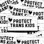 Thermal stick with text 'PROTECT TRANS KIDS' with heart symbol on a white brick wall background.