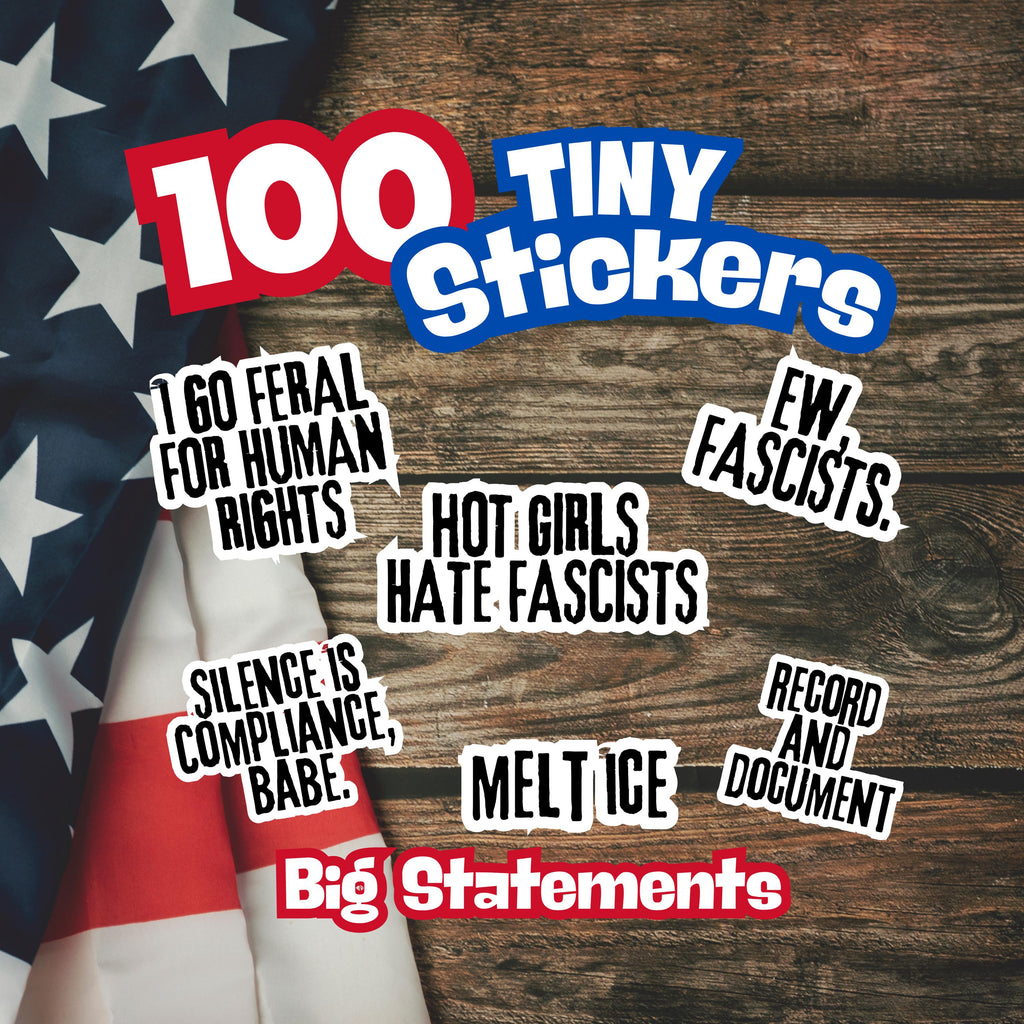 The image is a collage of various stickers with different statements and phrases, including "I60 Feral for Human Rights", "Hot Girls Hate Fascists", "Silence is Compliance, Babe.", "EW FASCISTS", "Melt Ice", "Big Stations", and "100 Tiny Stickers".