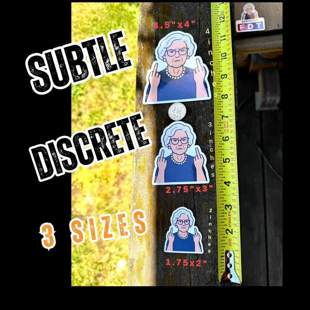 Grey-haired grandma in glasses and a pearl necklace wearing a "Resist" shirt, giving two middle fingers—funny grandma gift sticker for anti-fascist activists