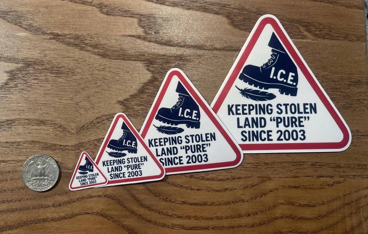 Four political satire stickers in graduated sizes from small to large, each depicting the I.C.E. boot crushing a feather, displayed beside a quarter on a wood table.